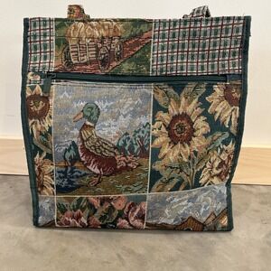 Vintage Jade Duck Sunflower Tapestry Bag Tote Purse  Double Handles Coin